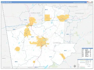 Carroll County, GA Business Reference style ZIP Code wall map