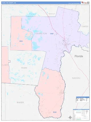 Charlton County, GA ColorCast style ZIP Code wall map