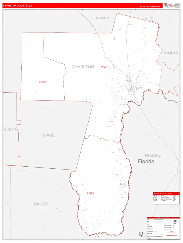Charlton County, GA ZIP Code Wall Map, RedLine style