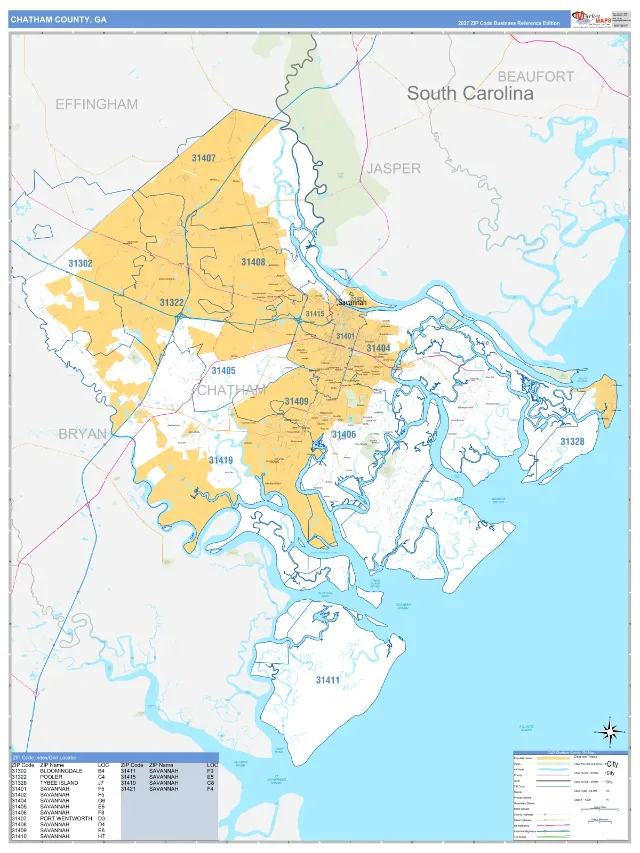 Chatham County, GA ZIP Code Wall Map, Business Reference style