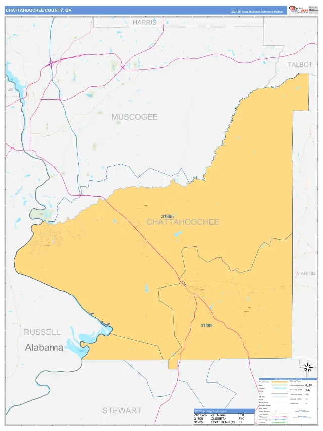 Chattahoochee County, GA ZIP Code Wall Map, Business Reference style