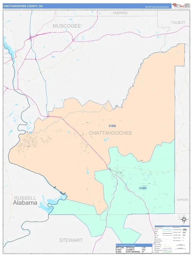 Chattahoochee County, GA ZIP Code Wall Map, ColorCast style