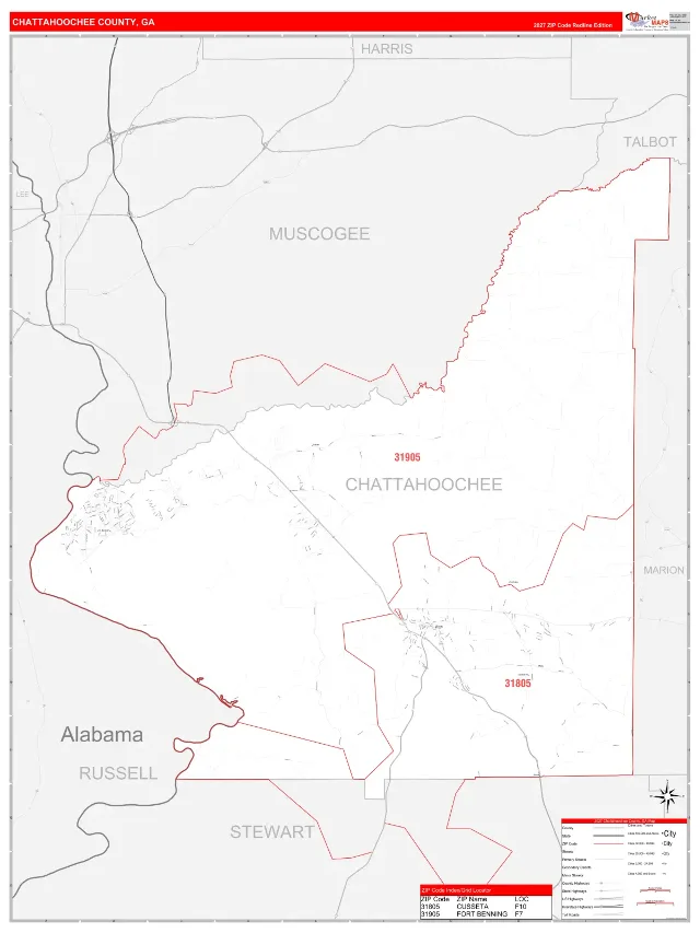 Chattahoochee County, GA ZIP Code Wall Map, RedLine style