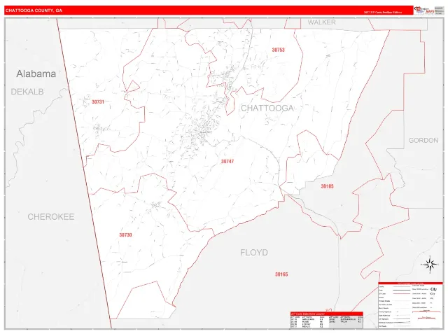 Chattooga County, GA ZIP Code Wall Map, RedLine style