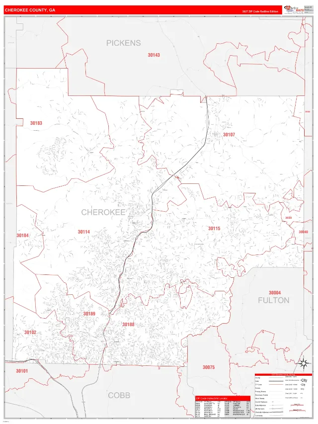 Cherokee County, GA ZIP Code Wall Map, RedLine style