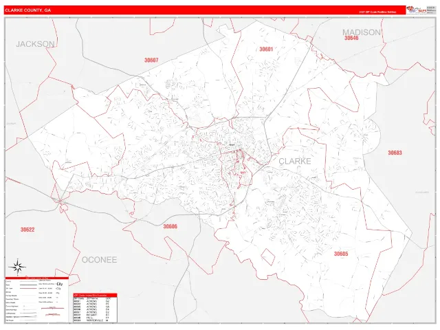Clarke County, GA ZIP Code Wall Map, RedLine style