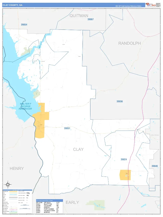 Clay County, GA ZIP Code Wall Map, Business Reference style