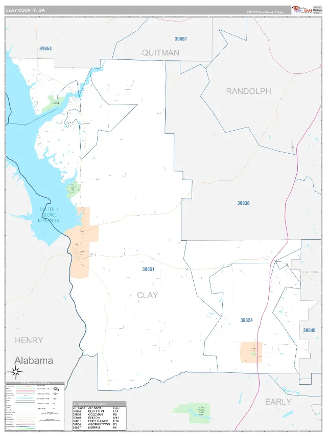 Clay County, GA ZIP Code Wall Map, Classic style