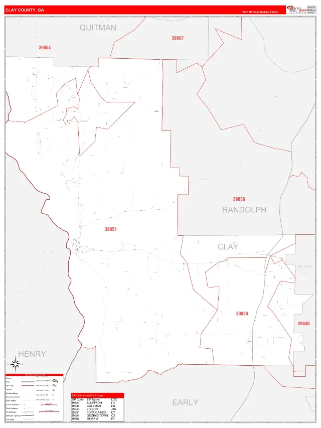 Clay County, GA ZIP Code Wall Map, RedLine style
