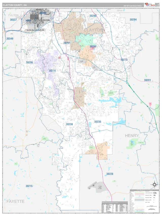 Clayton County, GA ZIP Code Wall Map, Classic style