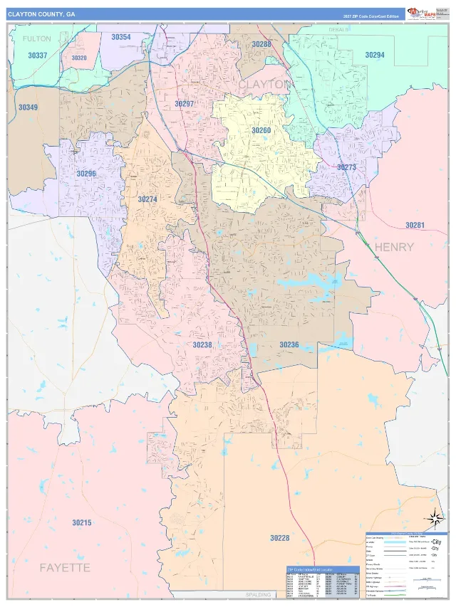 Clayton County, GA ZIP Code Wall Map, ColorCast style