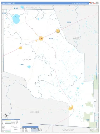 Clinch County, GA Business Reference style ZIP Code wall map