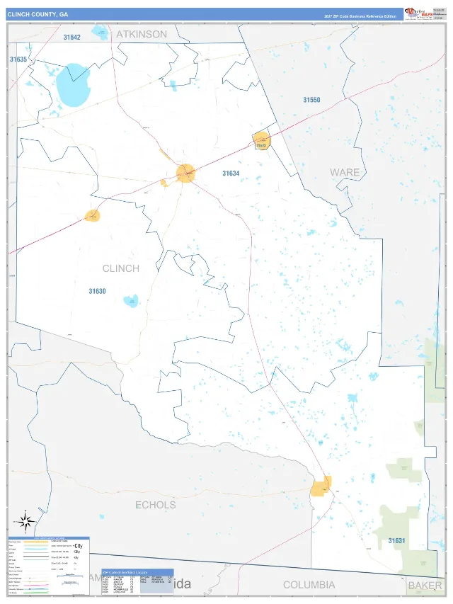 Clinch County, GA ZIP Code Wall Map, Business Reference style