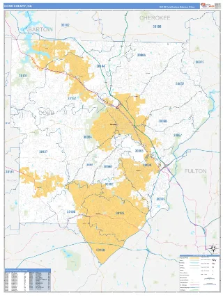 Cobb County, GA Business Reference style ZIP Code wall map