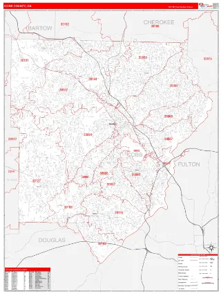 Cobb County, GA RedLine style ZIP Code wall map