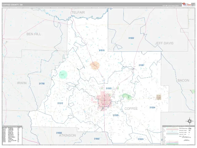 Coffee County, GA ZIP Code Wall Map, Classic style