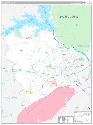 Columbia County, GA Classic style ZIP Code wall map