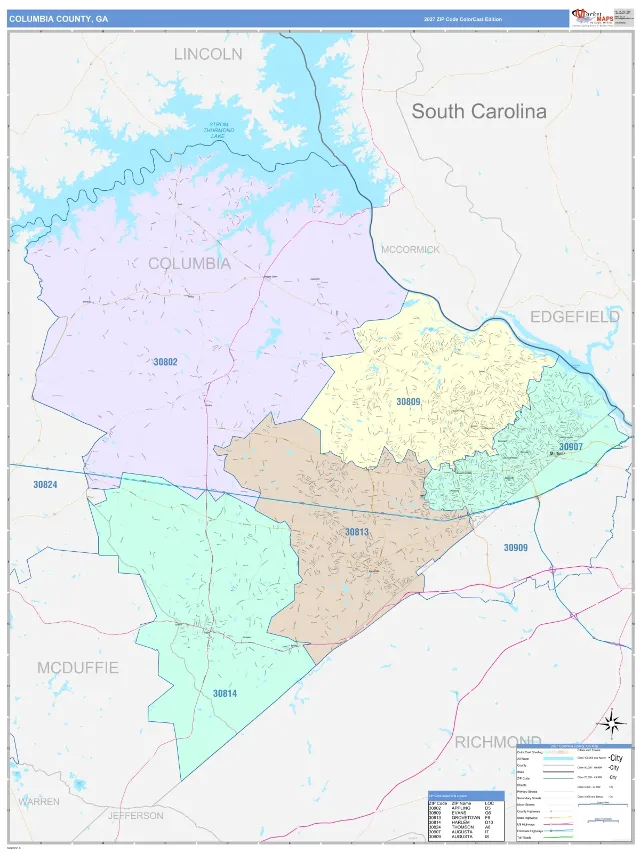 Columbia County, GA ZIP Code Wall Map, ColorCast style