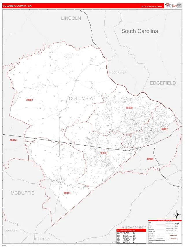 Columbia County, GA ZIP Code Wall Map, RedLine style