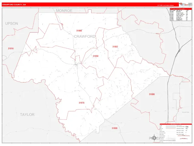 Crawford County, GA ZIP Code Wall Map, RedLine style