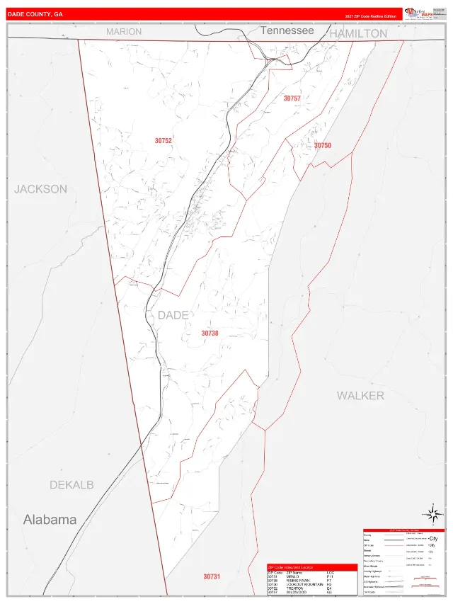 Dade County, GA ZIP Code Wall Map, RedLine style