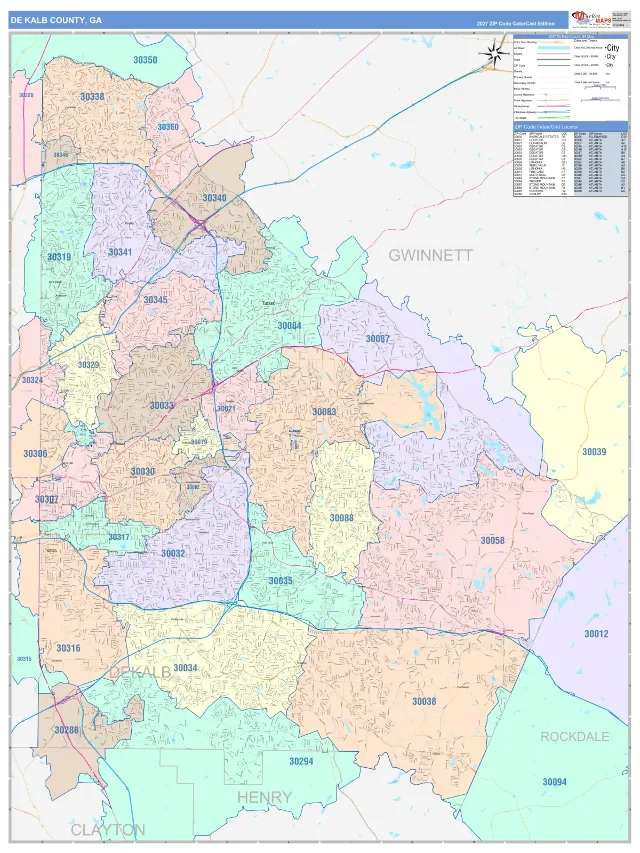 DeKalb County, GA ZIP Code Wall Map, ColorCast style