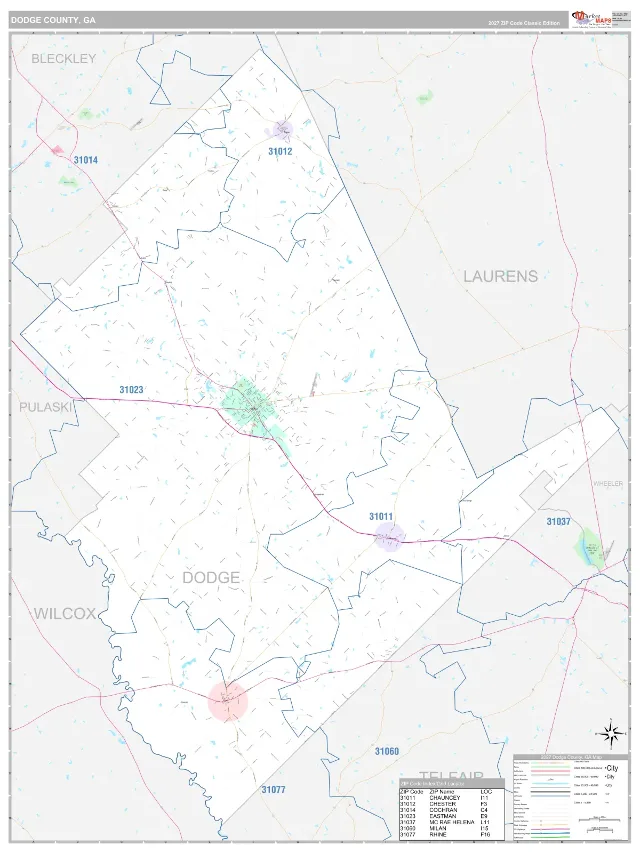 Dodge County, GA ZIP Code Wall Map, Classic style