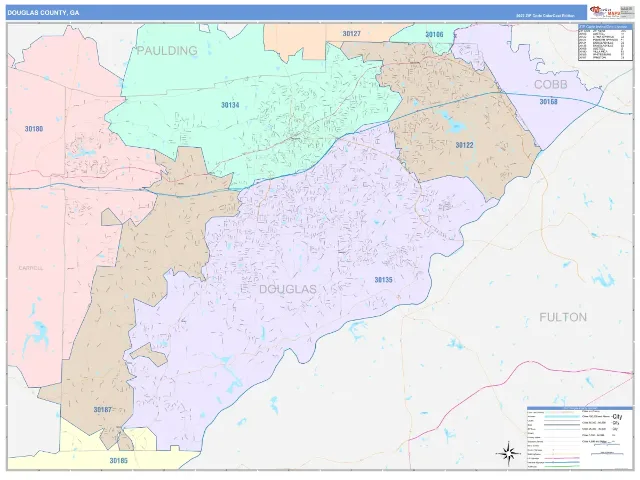 Douglas County, GA ZIP Code Wall Map, ColorCast style