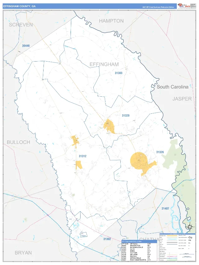 Effingham County, GA ZIP Code Wall Map, Business Reference style