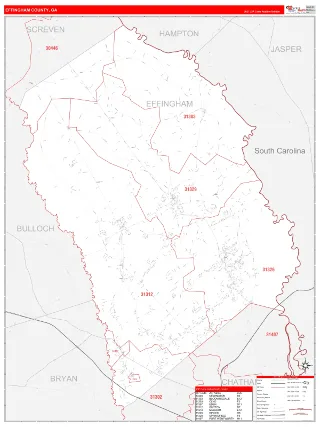 Effingham County, GA RedLine style ZIP Code wall map