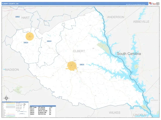 Elbert County, GA ZIP Code Wall Map, Business Reference style