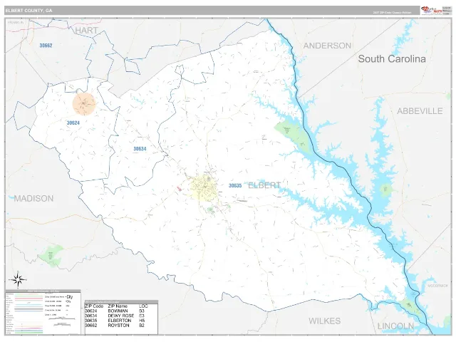 Elbert County, GA ZIP Code Wall Map, Classic style