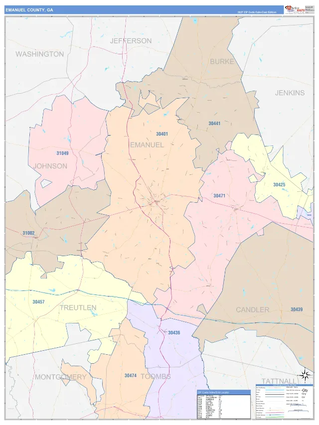 Emanuel County, GA ZIP Code Wall Map, ColorCast style