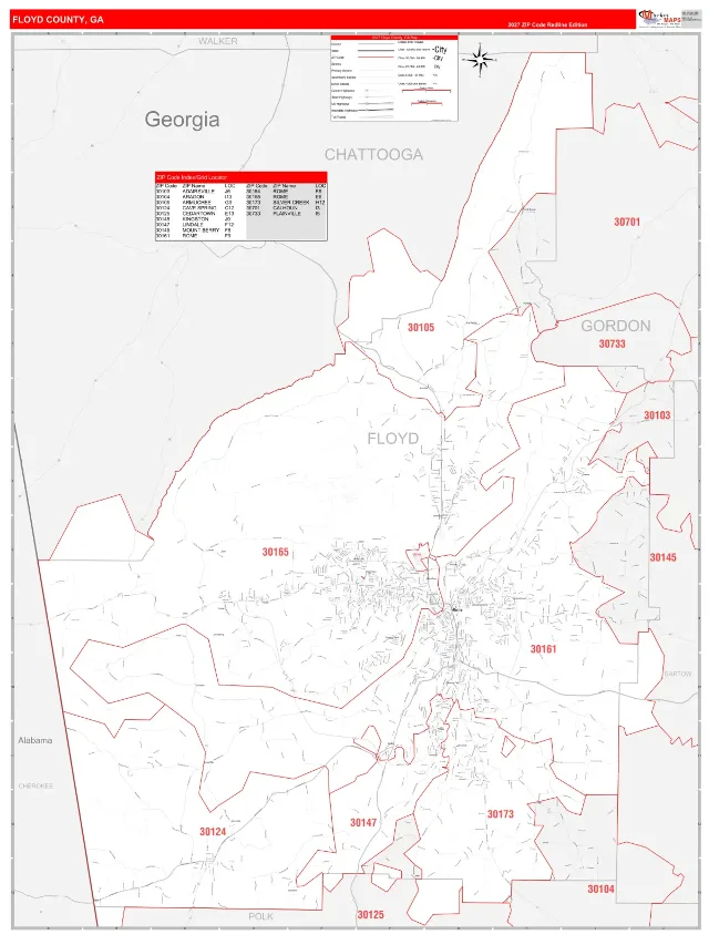 Floyd County, GA ZIP Code Wall Map, RedLine style