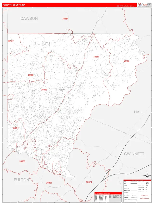 Forsyth County, GA ZIP Code Wall Map, RedLine style