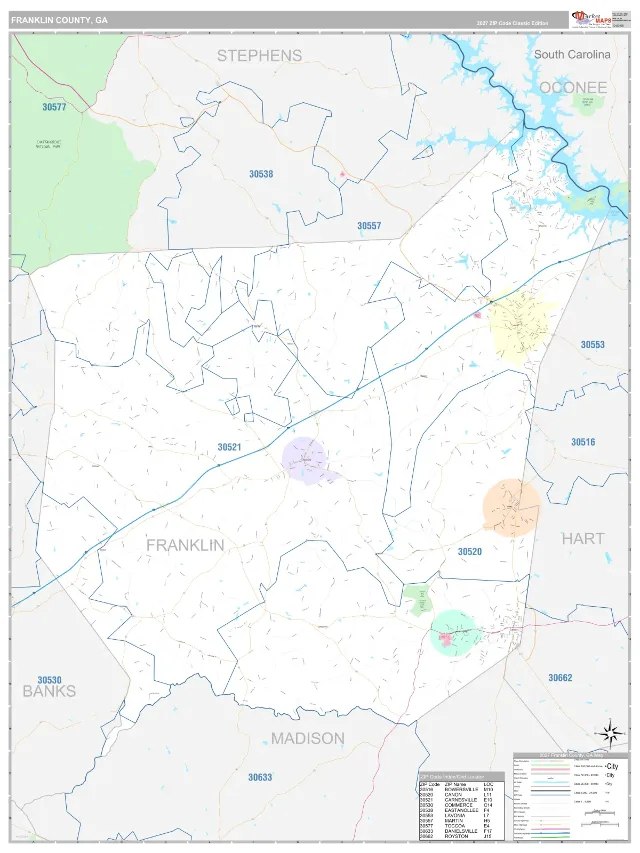 Franklin County, GA ZIP Code Wall Map, Classic style