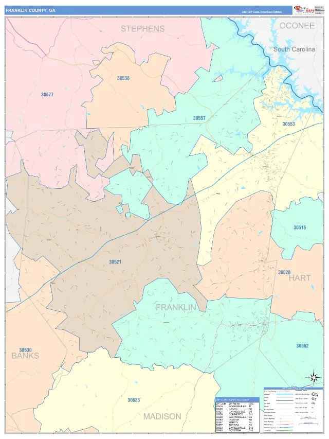 Franklin County, GA ZIP Code Wall Map, ColorCast style