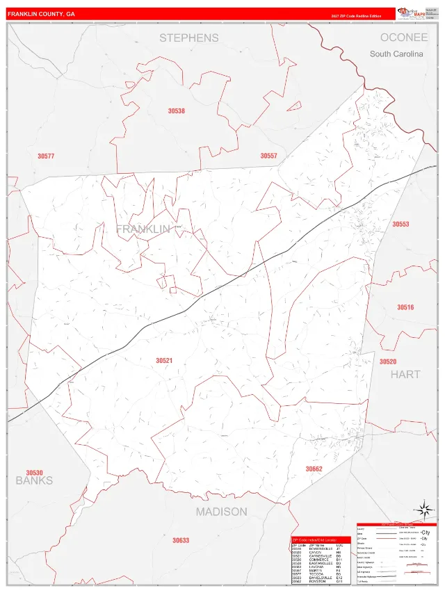 Franklin County, GA ZIP Code Wall Map, RedLine style
