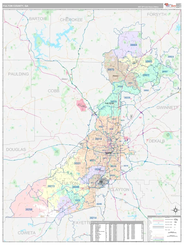Fulton County, GA ZIP Code Wall Map, Classic style