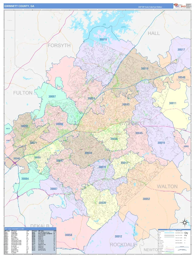 Gwinnett County, GA ZIP Code Wall Map, ColorCast style