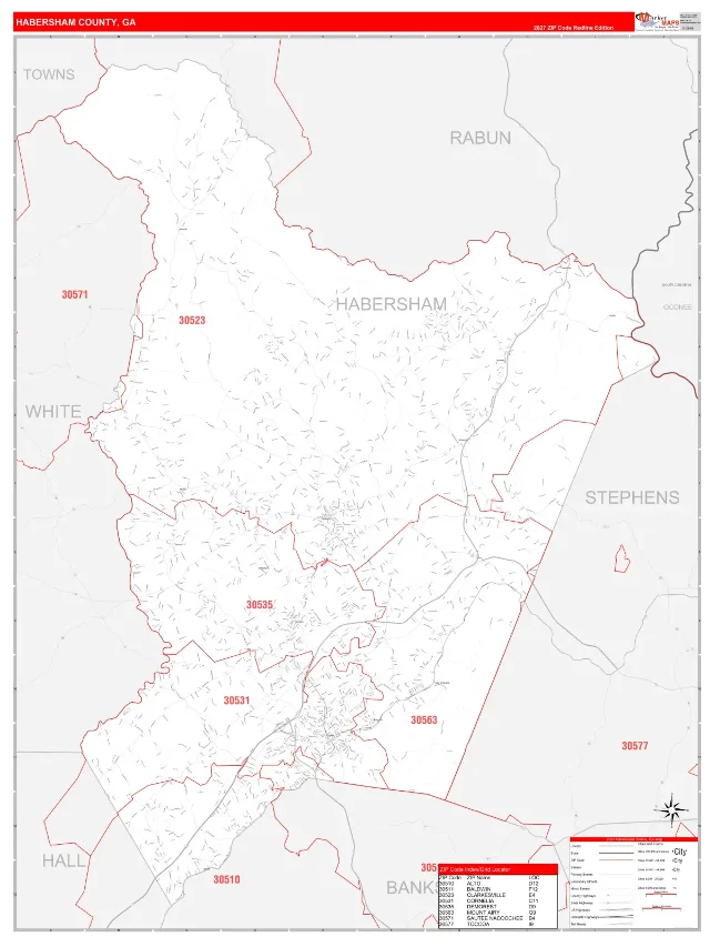 Habersham County, GA ZIP Code Wall Map, RedLine style