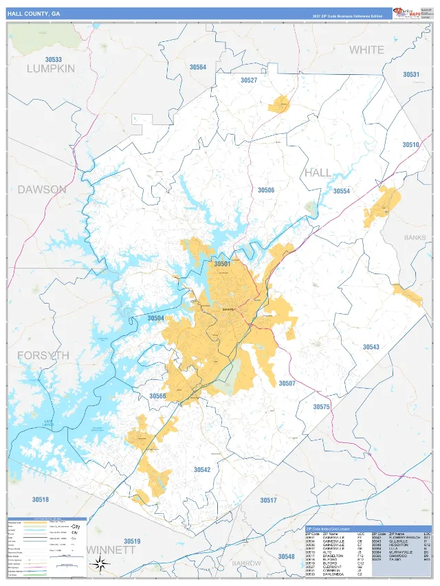 Hall County, GA ZIP Code Wall Map, Business Reference style