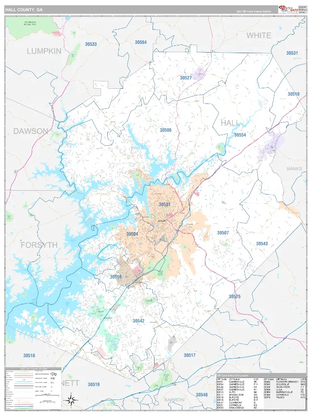 Hall County, GA ZIP Code Wall Map, Classic style