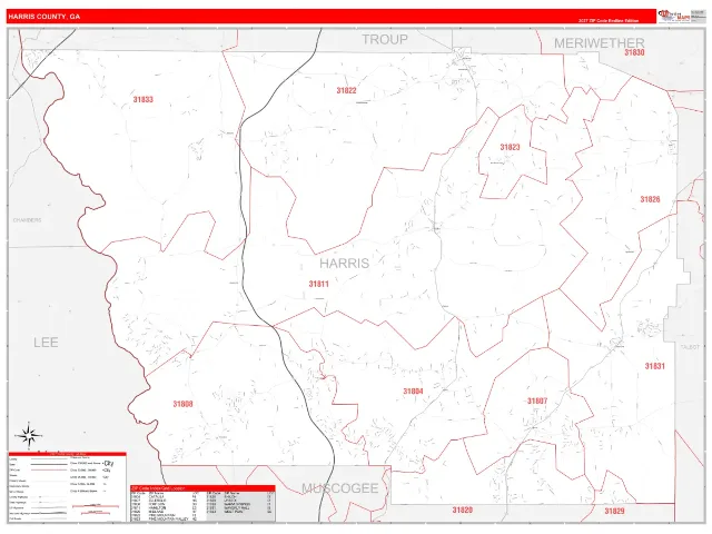 Harris County, GA ZIP Code Wall Map, RedLine style