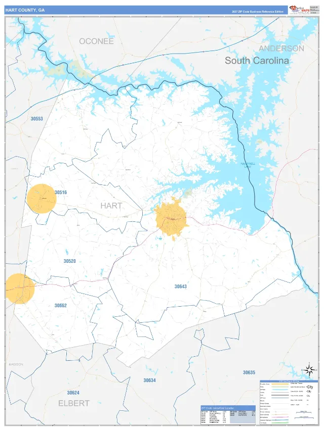 Hart County, GA ZIP Code Wall Map, Business Reference style