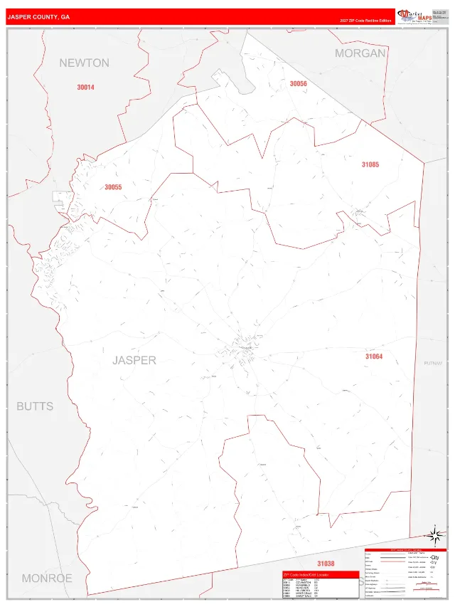 Jasper County, GA ZIP Code Wall Map, RedLine style
