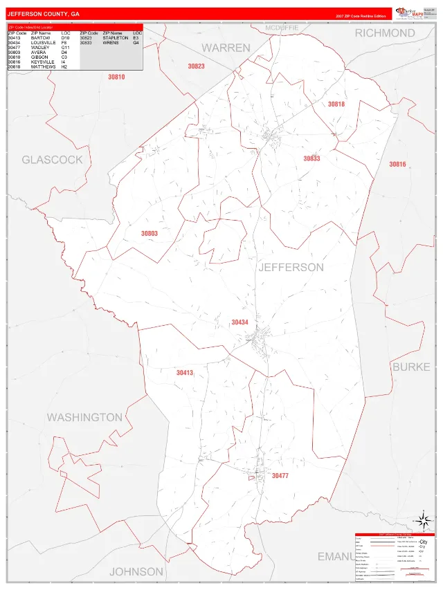 Jefferson County, GA ZIP Code Wall Map, RedLine style