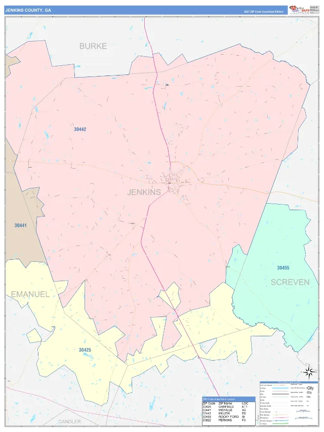 Jenkins County, GA ZIP Code Wall Map, ColorCast style