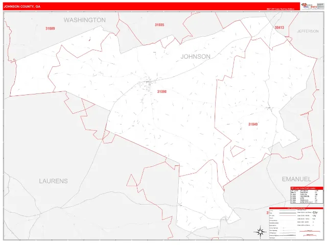 Johnson County, GA ZIP Code Wall Map, RedLine style
