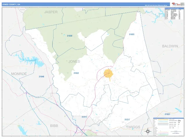 Jones County, GA ZIP Code Wall Map, Business Reference style